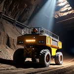 **Prompt:** Autonomous mining vehicle operating in a dimly lit underground mine. Show sensors, cameras, and the vehicle navigating a rocky terrain. Focus on the efficiency and safety aspects of autonomous operation, with data being transmitted in real time.