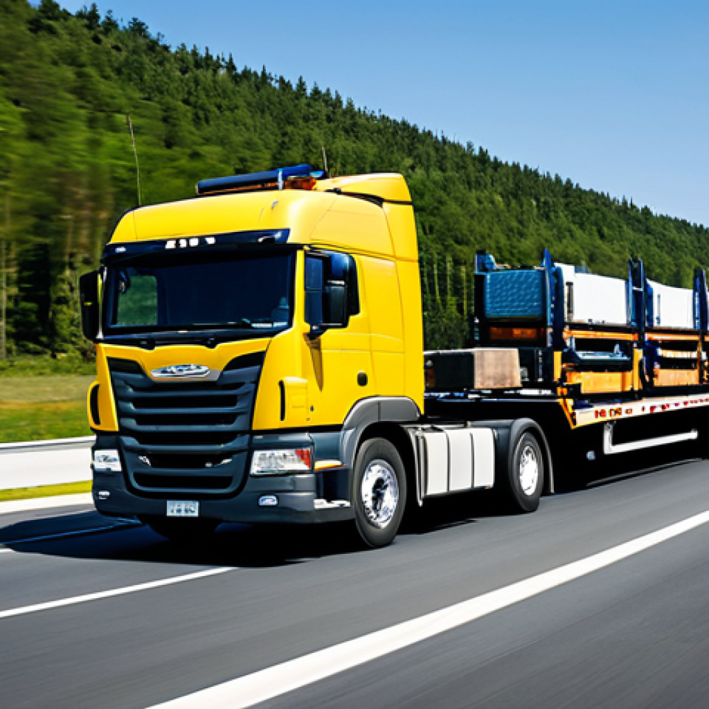 A modern, powerful semi-truck (cavalo mecânico) pulling a large, professional flatbed trailer, securely loaded with diverse, industrial cargo like large machinery components and palletized goods. The scene is set on a wide, well-maintained highway during a clear day, with a professional truck driver, fully clothed in appropriate work attire, visible in the cab. The background shows blurred motion. High-quality professional industrial photography, detailed, photorealistic. safe for work, appropriate content, fully clothed, professional, modest, perfect anatomy, correct proportions, natural pose, well-formed hands, proper finger count, natural body proportions.