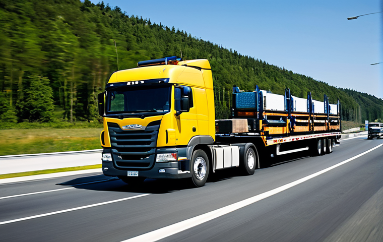 A modern, powerful semi-truck (cavalo mecânico) pulling a large, professional flatbed trailer, securely loaded with diverse, industrial cargo like large machinery components and palletized goods. The scene is set on a wide, well-maintained highway during a clear day, with a professional truck driver, fully clothed in appropriate work attire, visible in the cab. The background shows blurred motion. High-quality professional industrial photography, detailed, photorealistic. safe for work, appropriate content, fully clothed, professional, modest, perfect anatomy, correct proportions, natural pose, well-formed hands, proper finger count, natural body proportions.