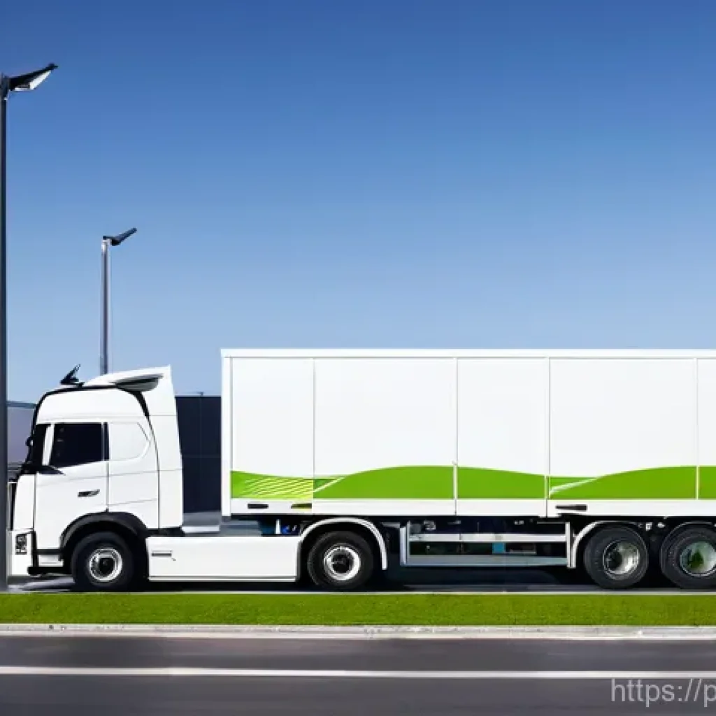 특수 차량의 최신 배출가스 저감 기술 - **Prompt:** A state-of-the-art electric heavy-duty truck, resembling a modern Volvo or Scania model,...