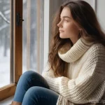 대형 트럭의 주요 브랜드 비교 - A serene young woman, aged 20s, with long, wavy brown hair, is comfortably seated on a window bench ...
