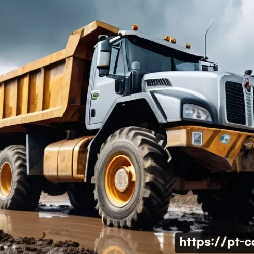 Home 33 특수 차량 보험 가입 요령 - A rugged industrial truck navigating a muddy construction site under a cloudy sky, showing detailed ...