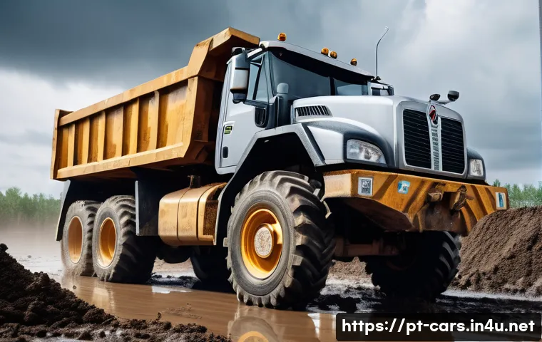 특수 차량 보험 가입 요령 - A rugged industrial truck navigating a muddy construction site under a cloudy sky, showing detailed ...