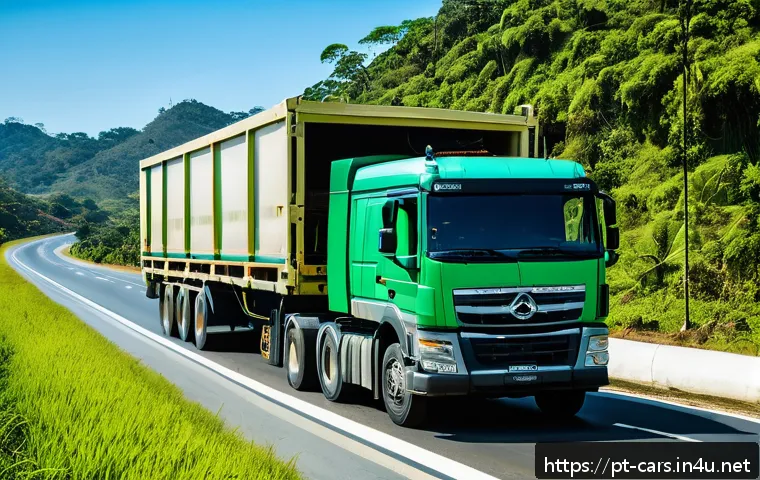 특수 차량의 적재 규정과 법률 - A detailed scene of a heavy-duty special transport truck on a Brazilian highway during daytime, carr...