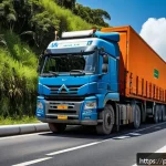Home 19 대형 트럭의 적재 중량 계산법 - A detailed scene showing a large 5-axle truck loaded with cargo in Brazil, parked at a roadside weig...