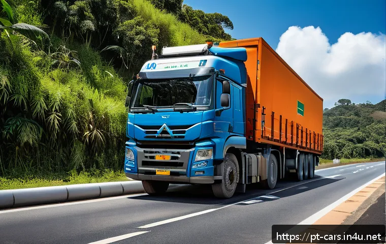 대형 트럭의 적재 중량 계산법 - A detailed scene showing a large 5-axle truck loaded with cargo in Brazil, parked at a roadside weig...