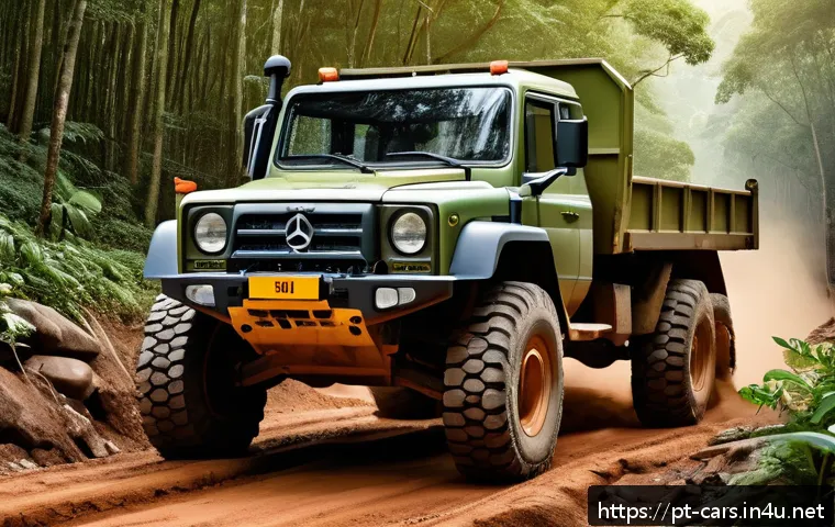 대형 트럭의 오프로드 성능 평가 - A heavy-duty off-road truck with reinforced suspension and hydraulic shock absorbers navigating a ro...